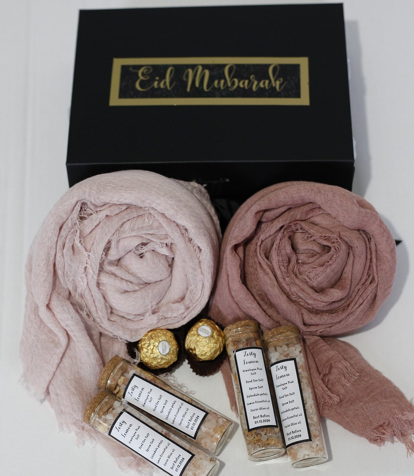 Hijab Gift Box Set with Distressed Edge Scarves and Handmade Bath Salts - Perfect for Eid or Any Occasion, Perfect gift for her on Eid
