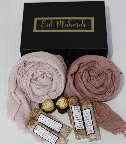Hijab Gift Box Set with Distressed Edge Scarves and Handmade Bath Salts - Perfect for Eid or Any Occasion, Perfect gift for her on Eid