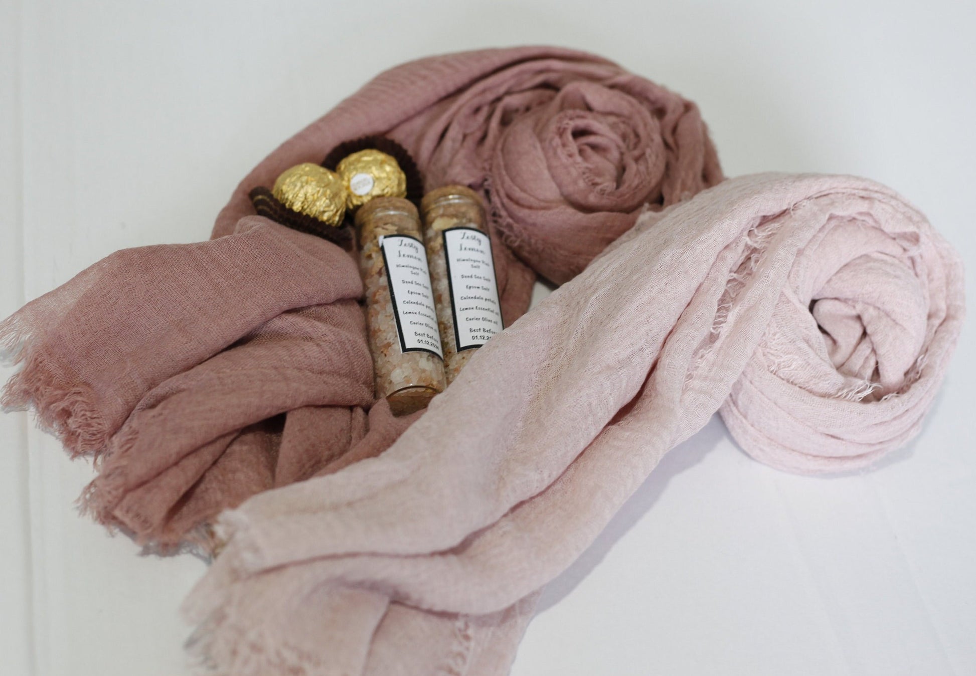 Hijab Gift Box Set with Distressed Edge Scarves and Handmade Bath Salts - Perfect for Eid or Any Occasion, Perfect gift for her on Eid