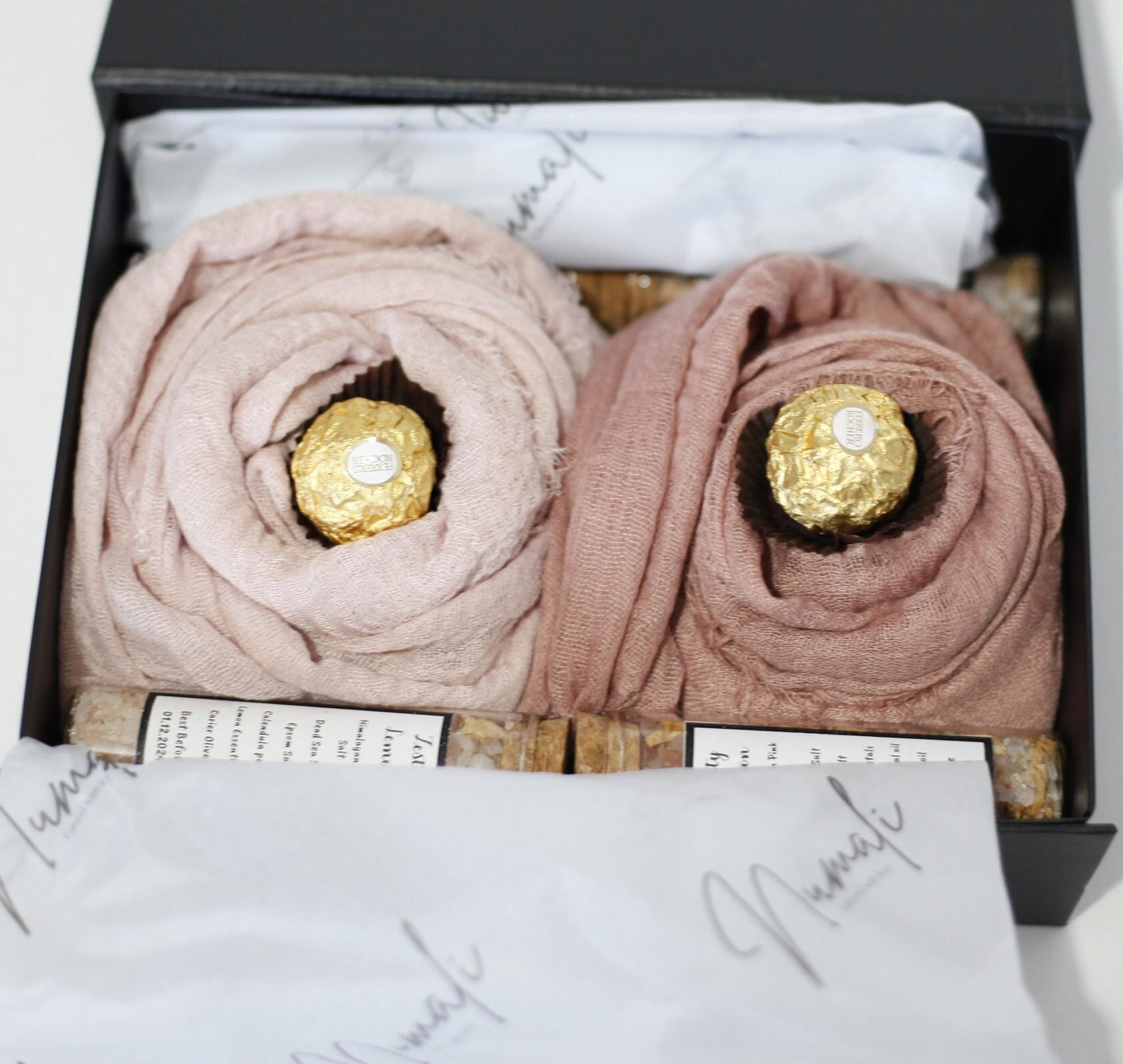 Hijab Gift Box Set with Distressed Edge Scarves and Handmade Bath Salts - Perfect for Eid or Any Occasion, Perfect gift for her on Eid