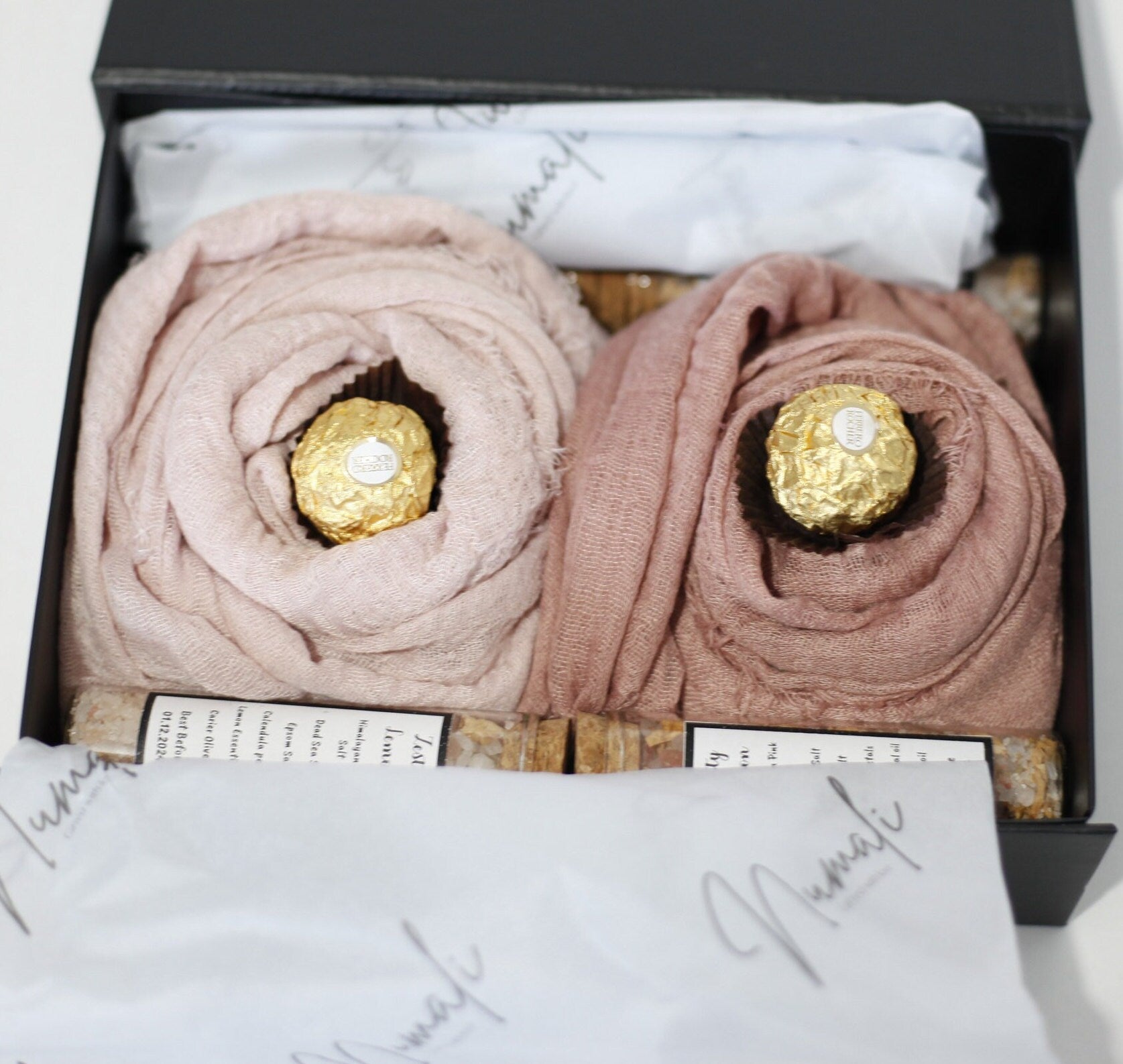 Hijab Gift Box Set with Distressed Edge Scarves and Handmade Bath Salts - Perfect for Eid or Any Occasion, Perfect gift for her on Eid