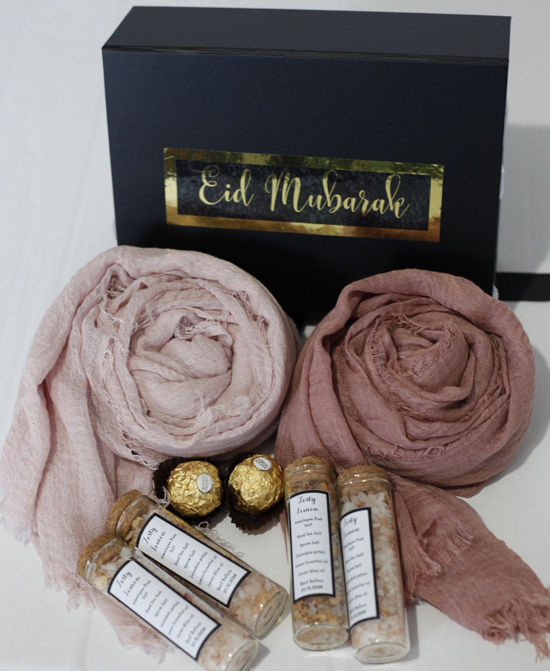 Hijab Gift Box Set with Distressed Edge Scarves and Handmade Bath Salts - Perfect for Eid or Any Occasion, Perfect gift for her on Eid