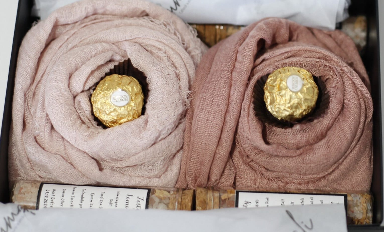 Hijab Gift Box Set with Distressed Edge Scarves and Handmade Bath Salts - Perfect for Eid or Any Occasion, Perfect gift for her on Eid