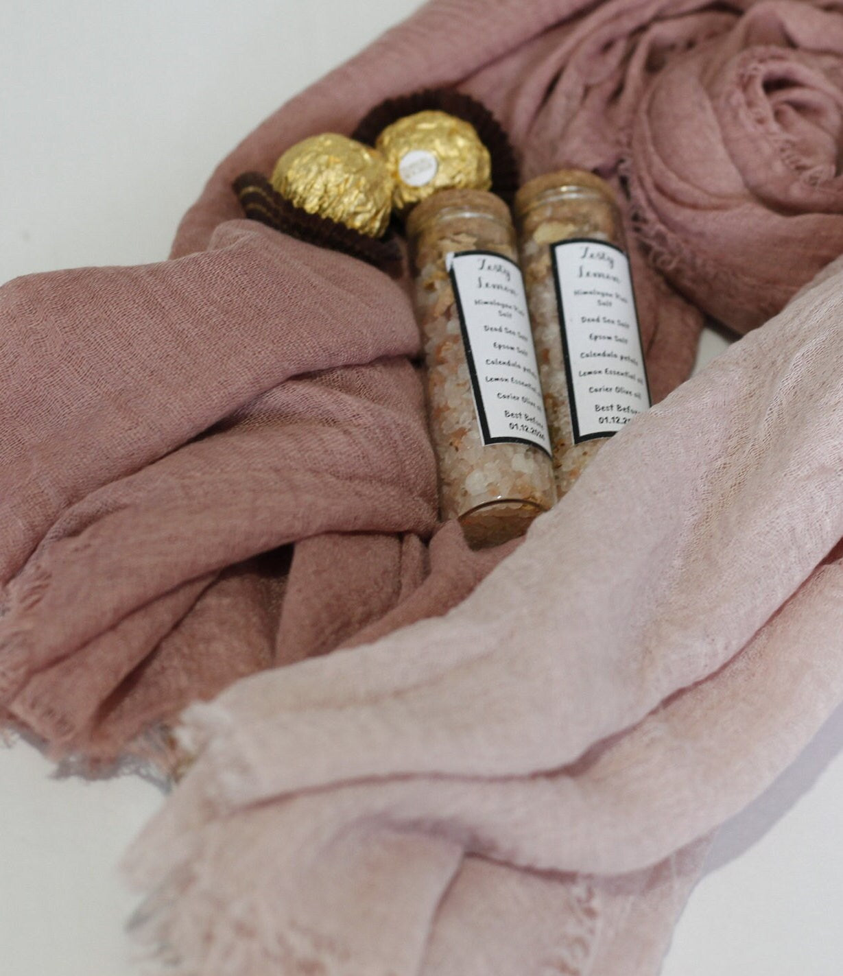Hijab Gift Box Set with Distressed Edge Scarves and Handmade Bath Salts - Perfect for Eid or Any Occasion, Perfect gift for her on Eid