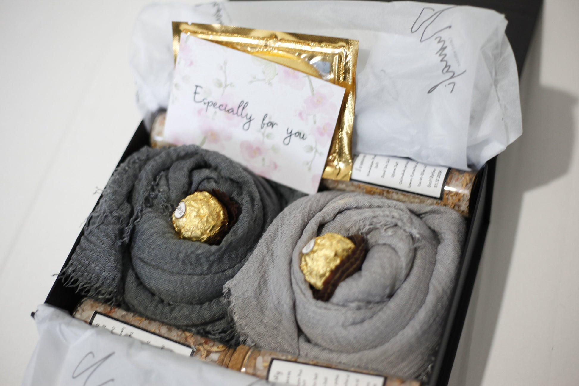 Grey Hijab Gift Box Set with Distressed Edge Scarves and Handmade Bath Salts - Perfect for Eid or Any Occasion, Perfect gift for her on Eid