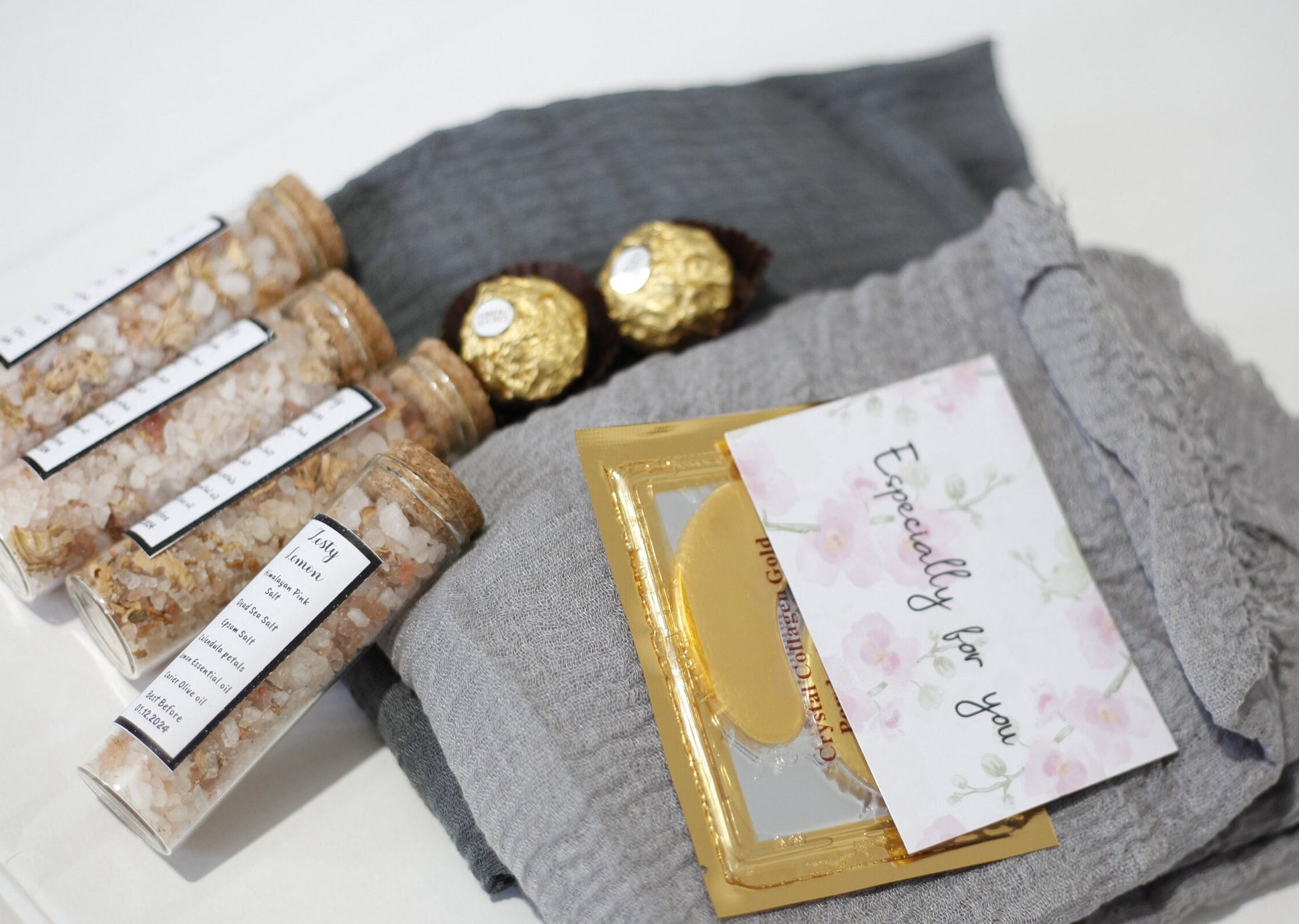 Grey Hijab Gift Box Set with Distressed Edge Scarves and Handmade Bath Salts - Perfect for Eid or Any Occasion, Perfect gift for her on Eid