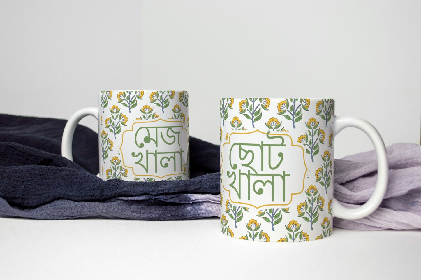 Bengali Mugs Mejo khala, suto khala boro khala, Aunt mugs in bangla design &lettering in Bangla font. Perfect gifts for wedding and birthday