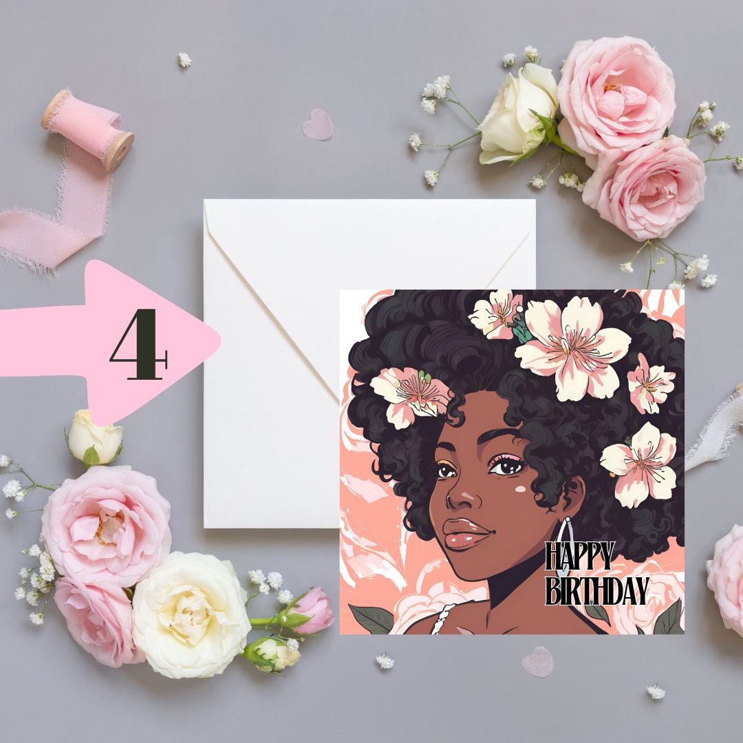 Beautiful Black lady with afro and flowers Happy Birthday Square approx 6 inch by 6 inch greeting card