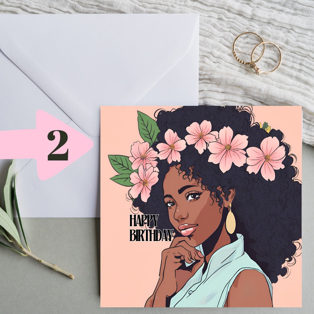 Beautiful Black lady with afro and flowers Happy Birthday Square approx 6 inch by 6 inch greeting card