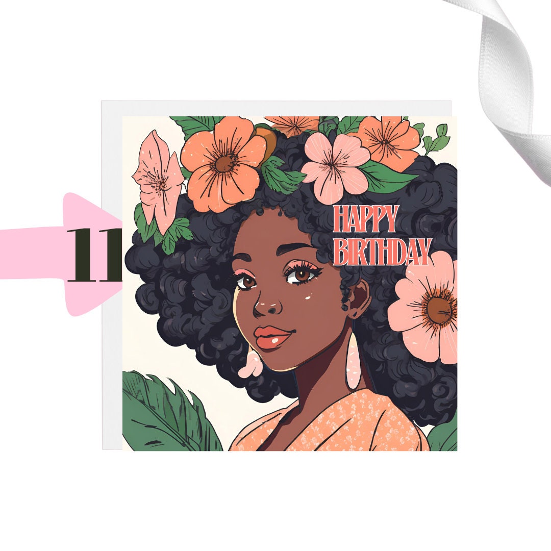 Beautiful Black lady with afro and flowers Happy Birthday Square approx 6 inch by 6 inch greeting card