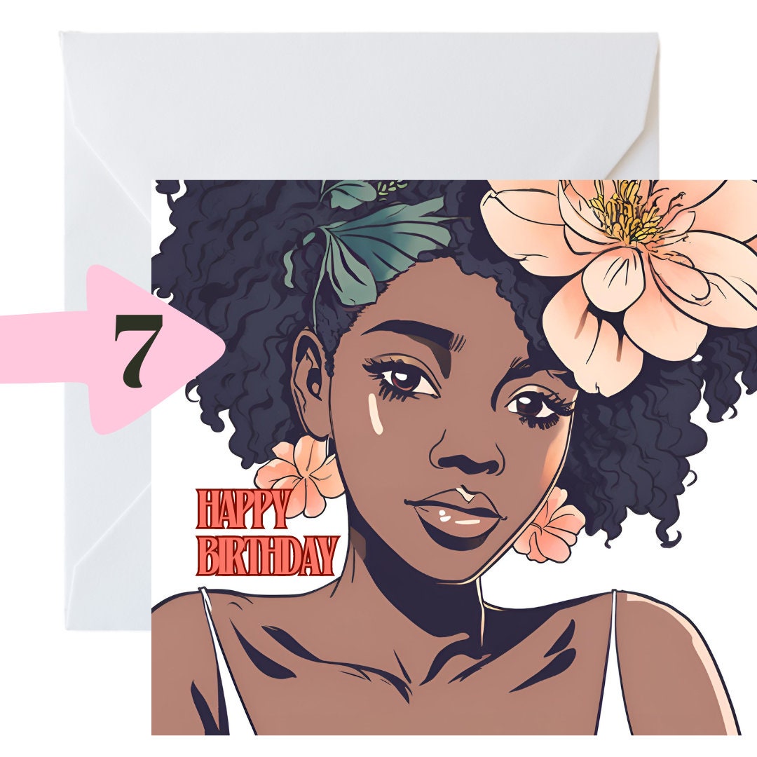 Beautiful Black lady with afro and flowers Happy Birthday Square approx 6 inch by 6 inch greeting card