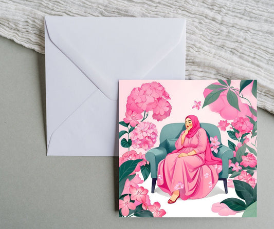 Pack of 3 Hijabi women sitting Greeting card , Elegant Islamic Greeting Card for Her, 6inch by 6inch Hijabi Greeting cards for Muslim women