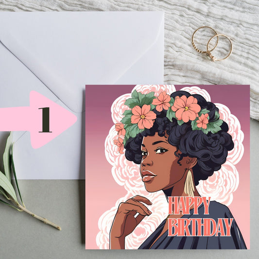 Beautiful Black lady with afro and flowers Happy Birthday Square approx 6 inch by 6 inch greeting card