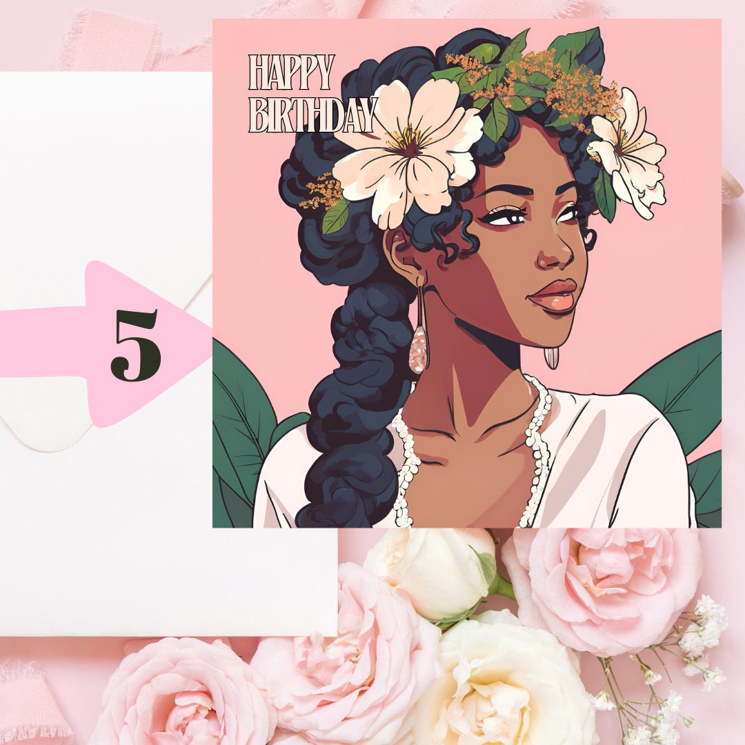 Beautiful Black lady with afro and flowers Happy Birthday Square approx 6 inch by 6 inch greeting card