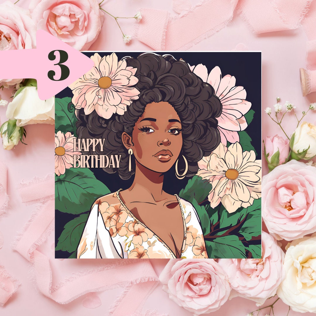 Beautiful Black lady with afro and flowers Happy Birthday Square approx 6 inch by 6 inch greeting card