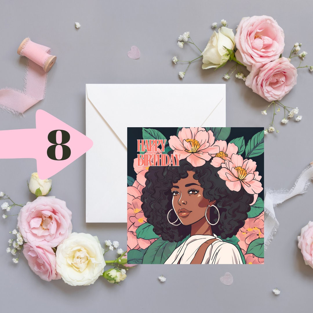 Beautiful Black lady with afro and flowers Happy Birthday Square approx 6 inch by 6 inch greeting card
