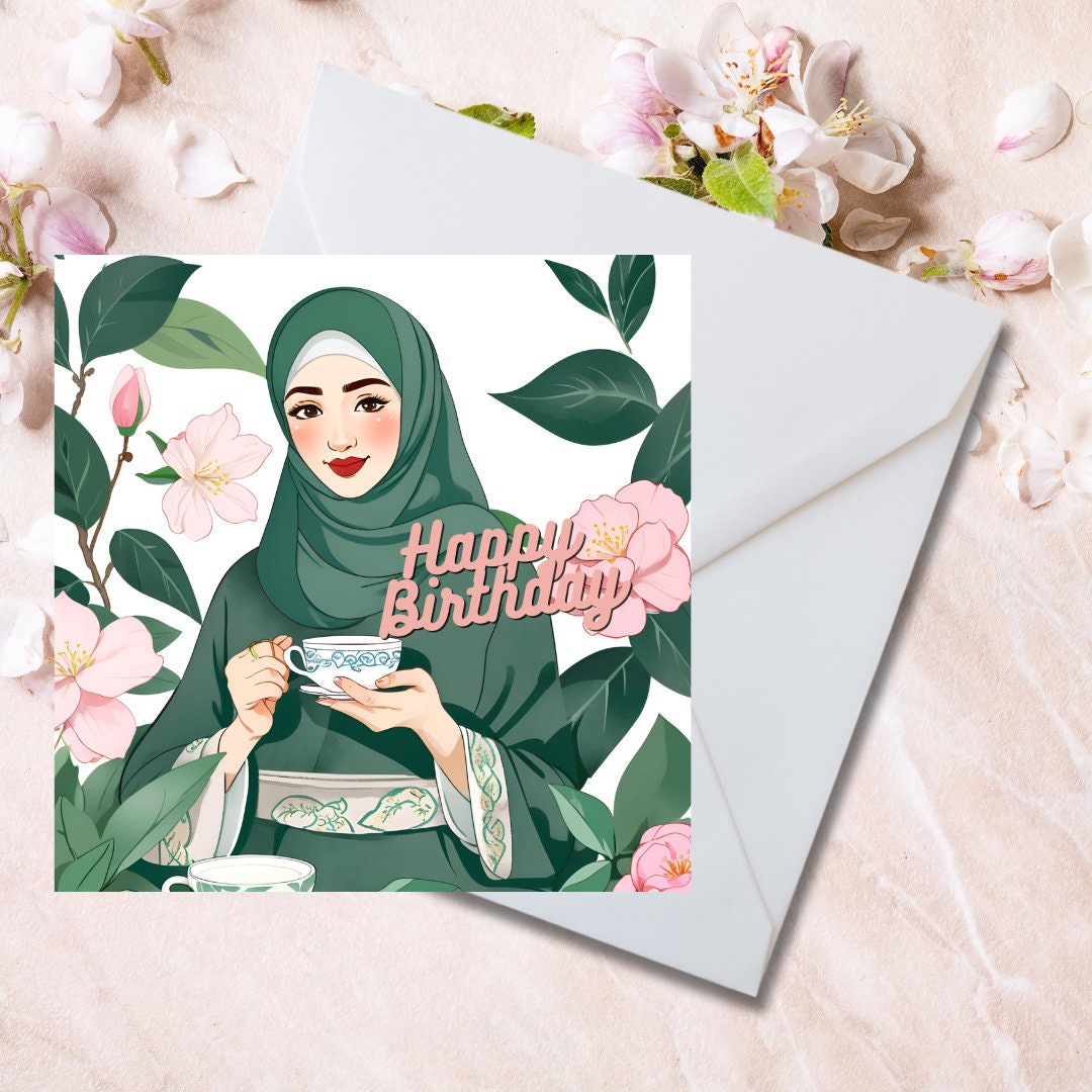 Pack of 3 Hijabi Greeting card, Elegant Islamic Greeting Card for Her, 6inch by 6inch Hijabi Greeting cards for Muslim women drinking tea