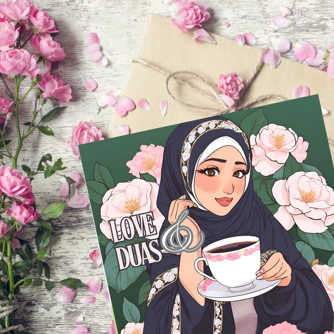 Pack of 3 Hijabi Greeting card, Elegant Islamic Greeting Card for Her, 6inch by 6inch Hijabi Greeting cards for Muslim women drinking tea