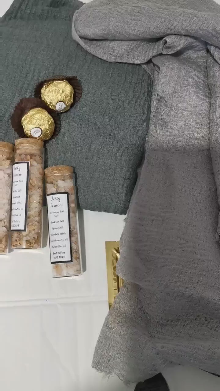 Grey Hijab Gift Box Set with Distressed Edge Scarves and Handmade Bath Salts - Perfect for Eid or Any Occasion, Perfect gift for her on Eid