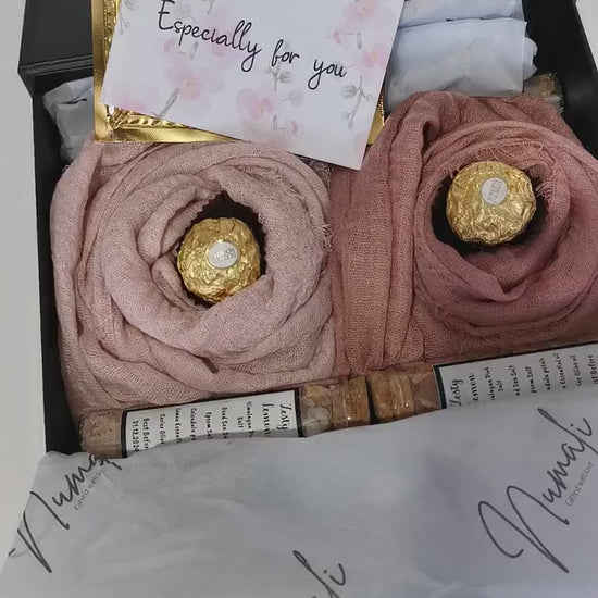 Hijab Gift Box Set with Distressed Edge Scarves and Handmade Bath Salts - Perfect for Eid or Any Occasion, Perfect gift for her on Eid