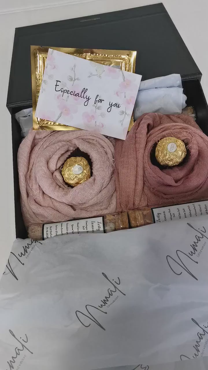 Hijab Gift Box Set with Distressed Edge Scarves and Handmade Bath Salts - Perfect for Eid or Any Occasion, Perfect gift for her on Eid