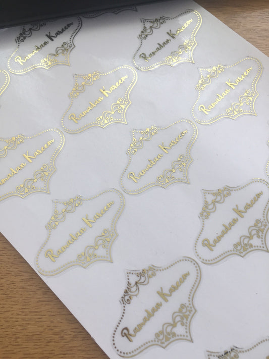Gold foiled transparent eid mubarak stickers, Ramadan Mubarak gold foiled clear stickers, personalised eid, ramadan Gold stickers