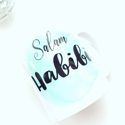 Salam Habibi mug in blue watercolour, Ideal arabic mug to express your love for eid, birthday, anniversary
