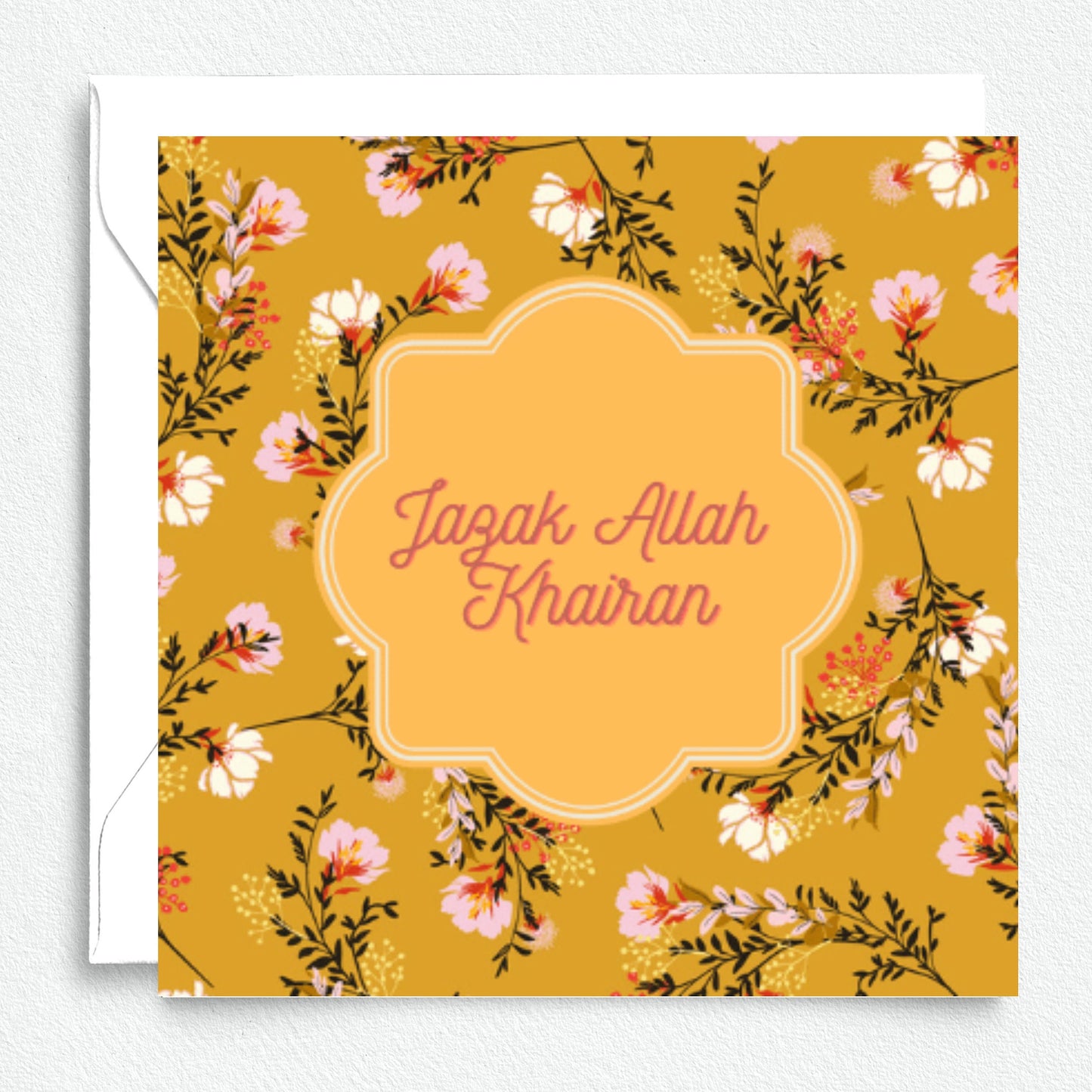 Jazak Allah Khairan written in english, mustard yellow floral islamic thank you card