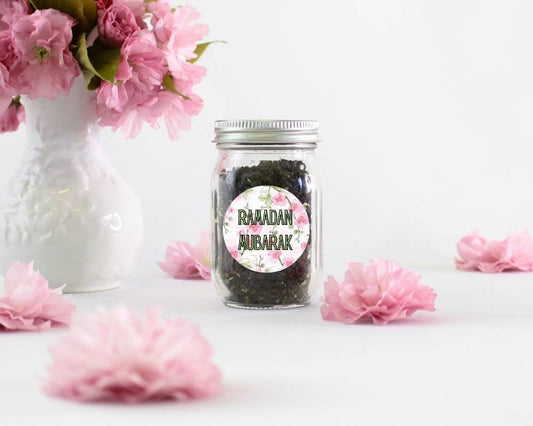 Floral pink Eid and Ramadan circle stickers, ideal for making sweet cones, and sticking to eid gifts