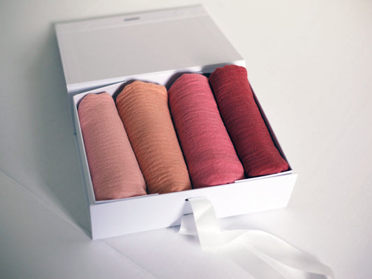 3 Nude shades and 1 deep crimple scarf with distressed edge, Perfect Eid Hijabs, or if you are gifting hijab gifts, perfectly boxed