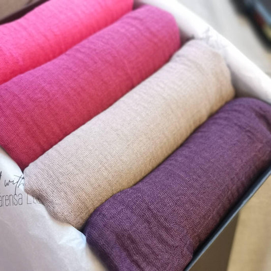 Shades of plum & pink scarf with distressed edge, Perfect Eid gift box, mothers day gift scarves, crinkle hijab gift box, Eid gift set