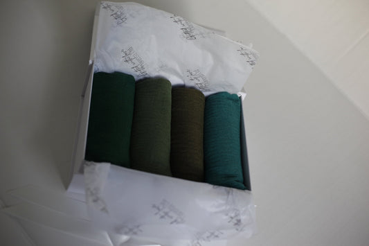 Shades of forest green crimple scarf with distressed edge, Perfect Eid Hijabs, or if you are gifting hijab gifts, perfectly boxed