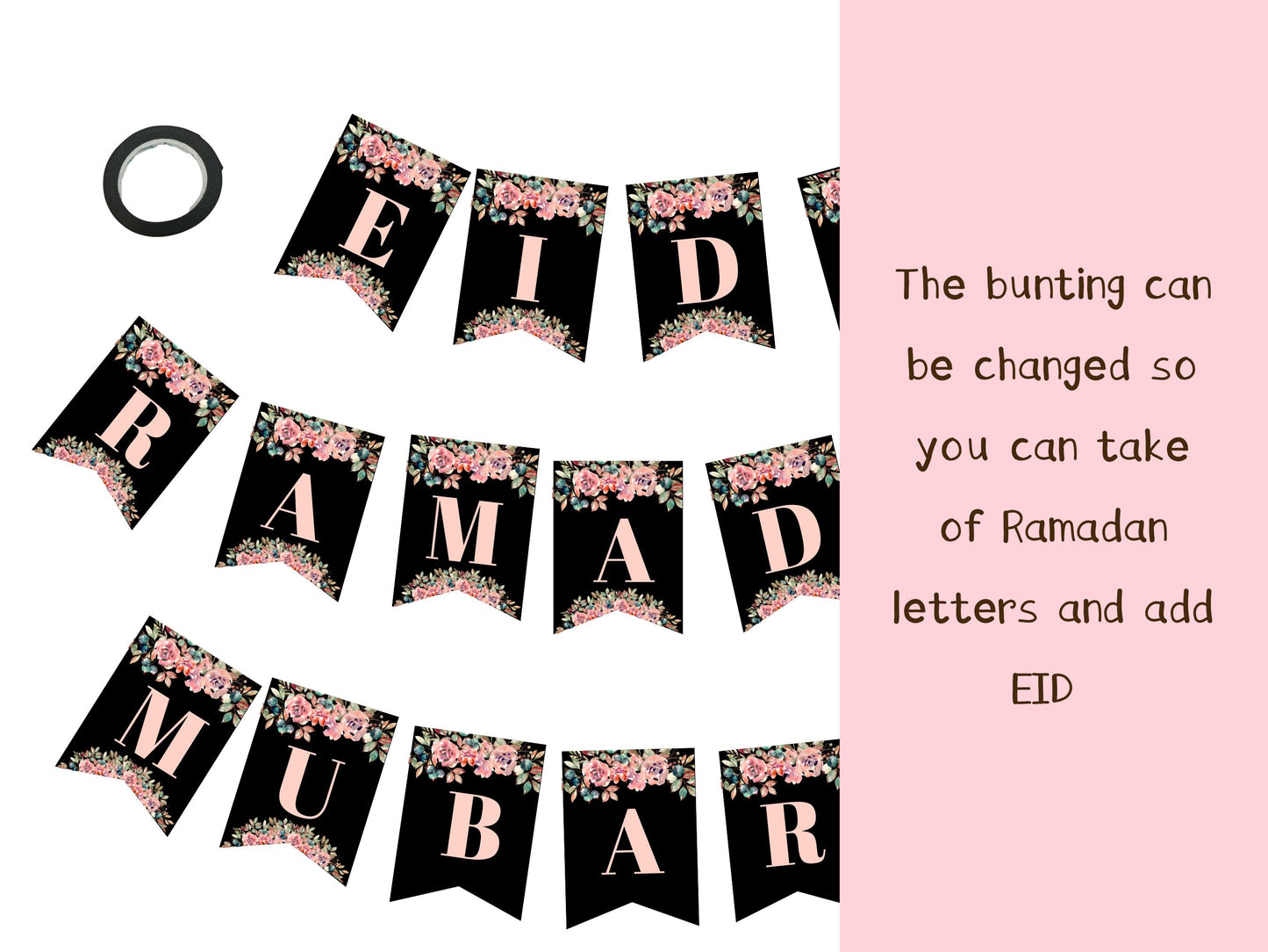 Handmade Eid Mubarak, Ramadan black and pink floral bunting , easy to change Ramadan and Eid Banner no need to buy two banners