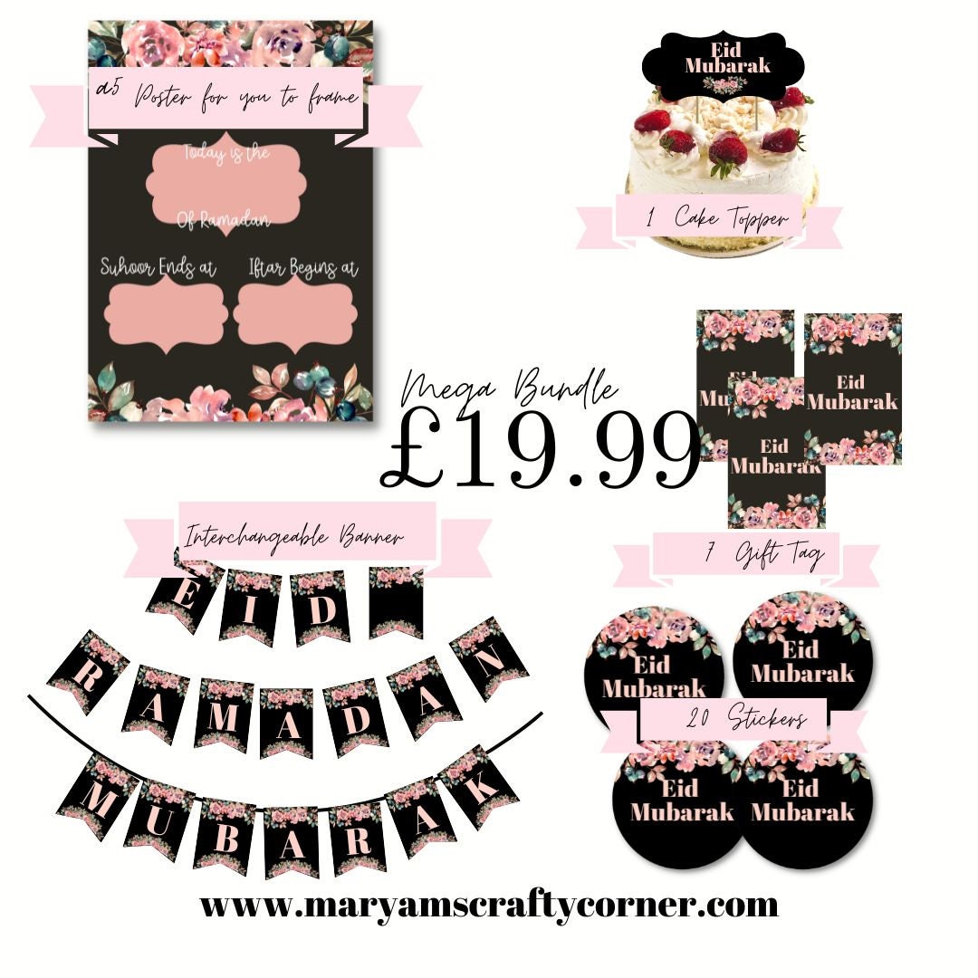 Mega Eid Decoration Bundle, Black and floral Eid Mubarak, Ramadan Mubarak bundle for Eid