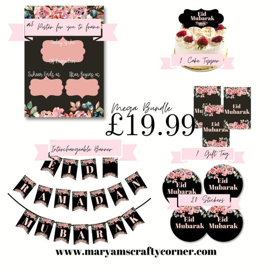 Mega Eid Decoration Bundle, Black and floral Eid Mubarak, Ramadan Mubarak bundle for Eid