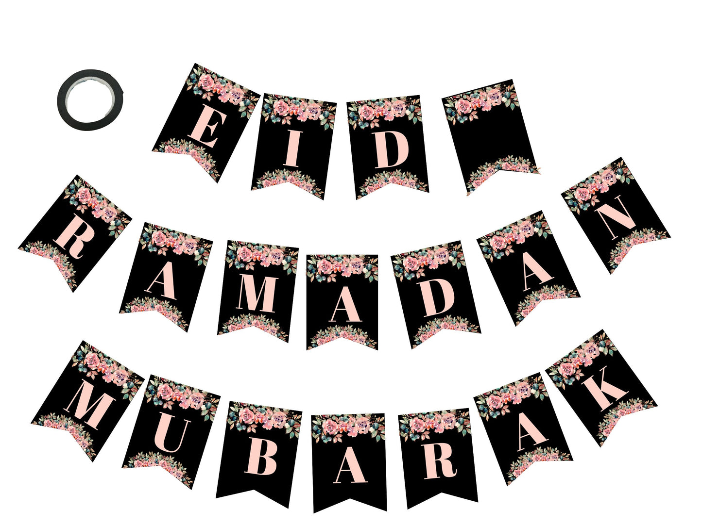 Handmade Eid Mubarak, Ramadan black and pink floral bunting , easy to change Ramadan and Eid Banner no need to buy two banners