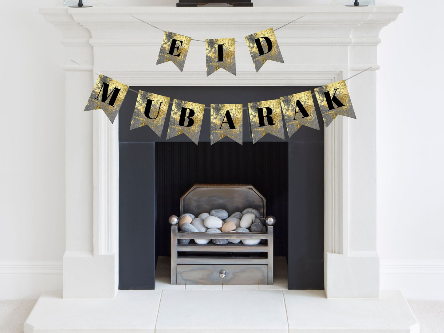 Handmade Eid Mubarak, Ramadan grey Gold , easy to change Ramadan and Eid Banner no need to buy two banners, Two in one Eid Ramdan
