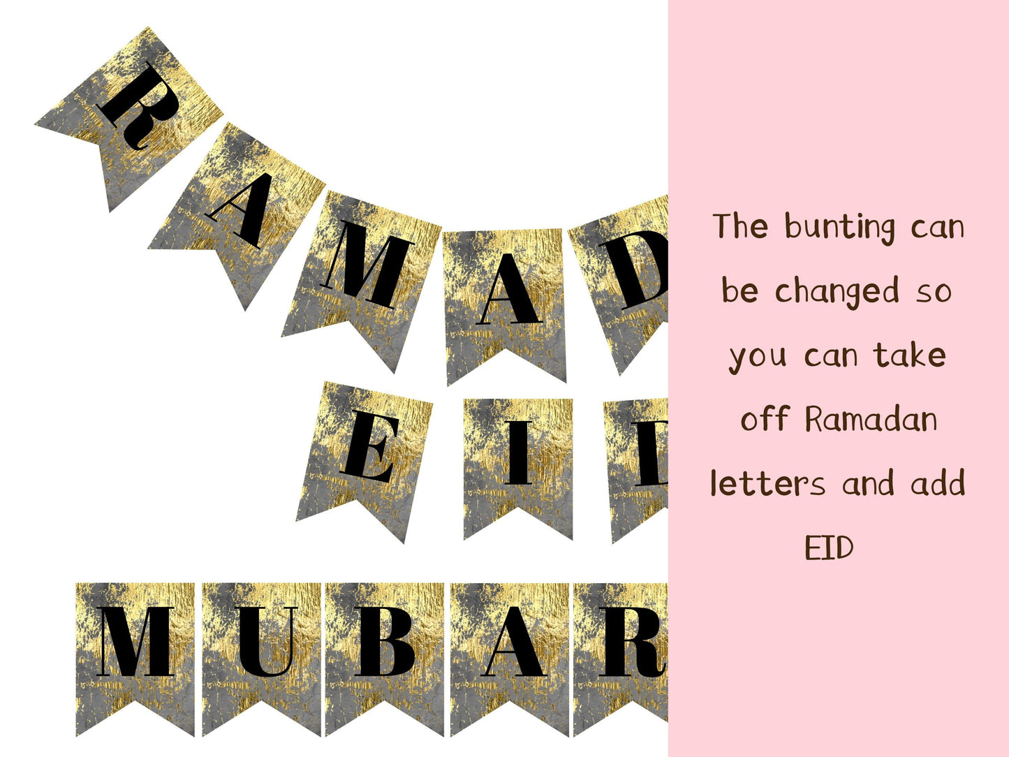 Handmade Eid Mubarak, Ramadan grey Gold , easy to change Ramadan and Eid Banner no need to buy two banners, Two in one Eid Ramdan