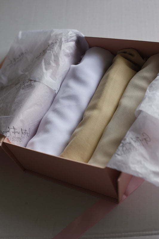 White, Beige, Luxury Chiffon Hijab Eid gifts box, a beautiful hijab box, Hijab magnet, Beautiful Gold foil label box with magnet closing