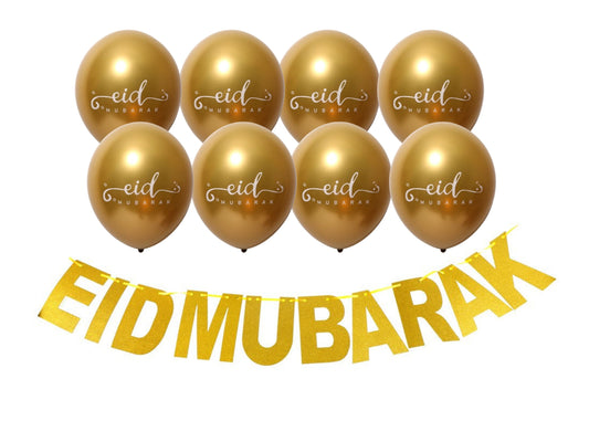 Gold  Eid Banner and 10 inch Balloons, Eid Mubarak Bunting and Balloon set for Eid party celebration.