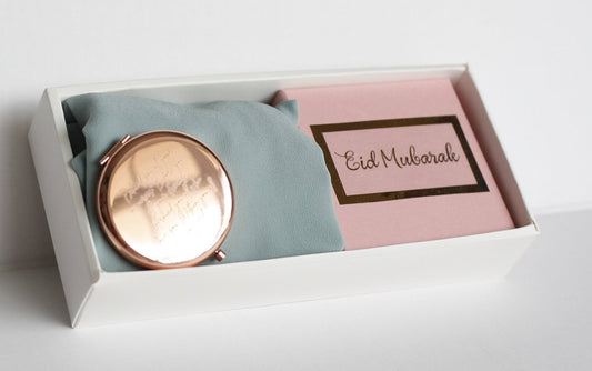 Eid gifts for women, Clear gift box filled with chiffon hijab and Engraved mirror, Eid Gift for mum, Eid gift for sister, Eid gift for wife