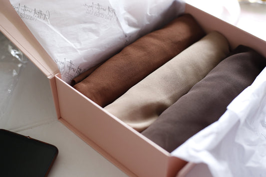 Shades of Brown, Luxury Chiffon Hijab Eid gifts box, a beautiful hijab box, Hijab magnet, Beautiful Gold foil label box with magnet closing