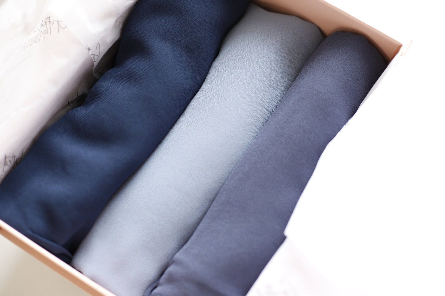 Shades of Blue, Luxury Chiffon Hijab Eid gifts box, a beautiful hijab box, Hijab magnet, Beautiful Gold foil label box with magnet closing