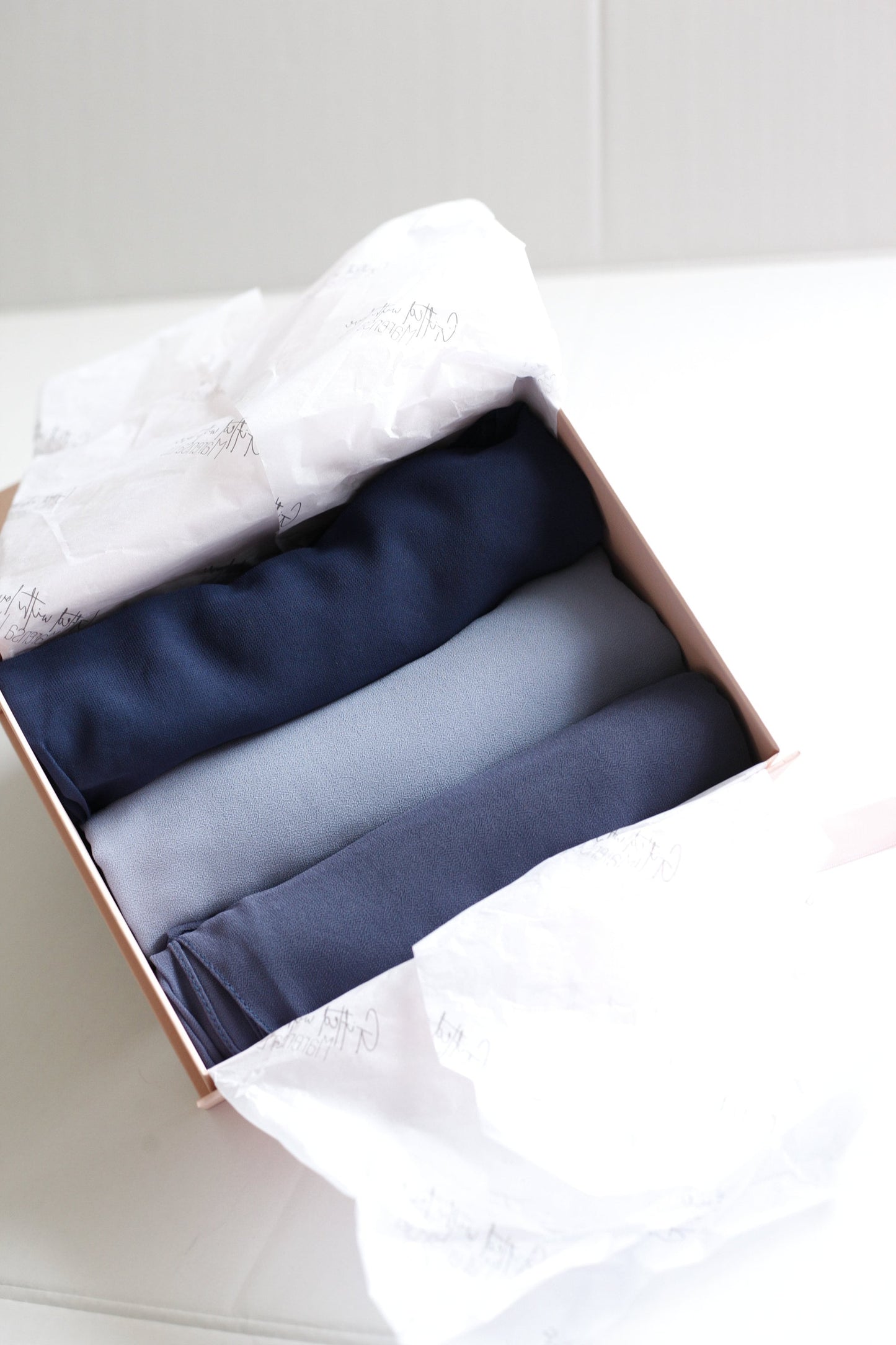 Shades of Blue, Luxury Chiffon Hijab Eid gifts box, a beautiful hijab box, Hijab magnet, Beautiful Gold foil label box with magnet closing
