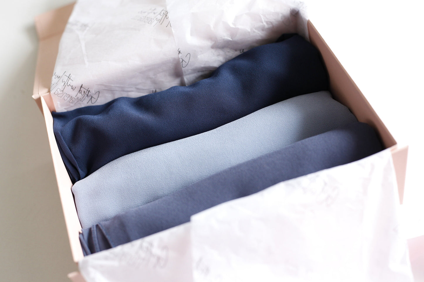 Shades of Blue, Luxury Chiffon Hijab Eid gifts box, a beautiful hijab box, Hijab magnet, Beautiful Gold foil label box with magnet closing